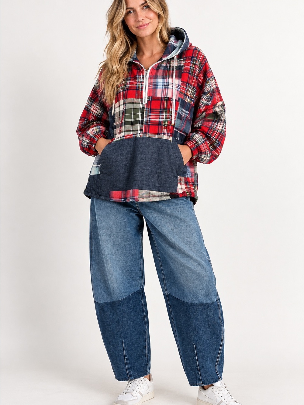 New nwt Sacred Threads Red Multicolor Plaid Utility Hoodie Jacket S/M